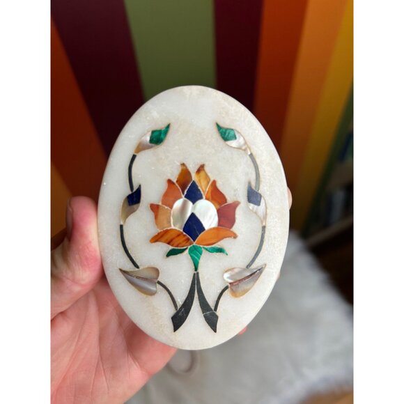 Stone marble with stone gemstone inlay floral design trinket dish jewellery box - Picture 7 of 7